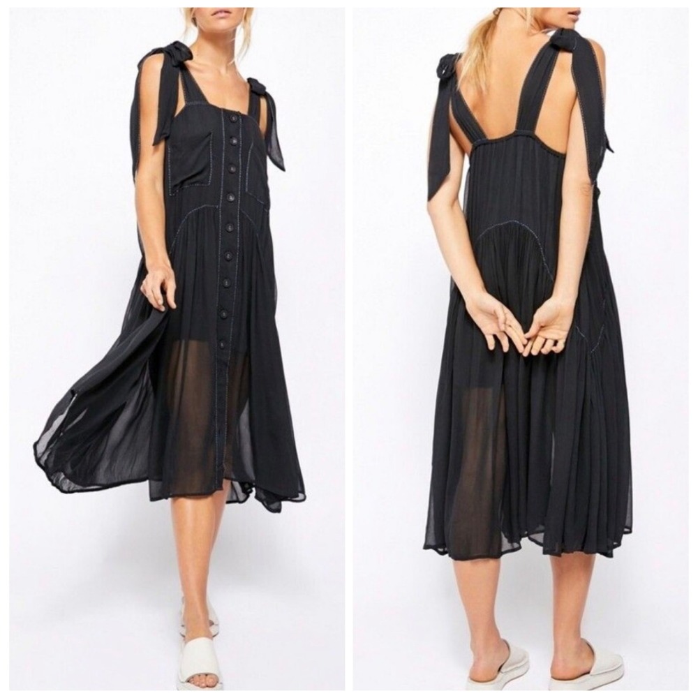 Free People Lou Lou Utility Midi Dress Women's Medium Navy Boho Tie‎ Shoulder